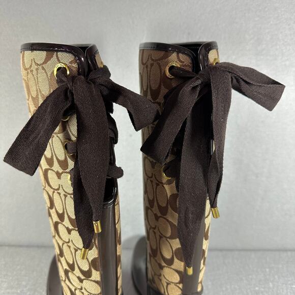 Coach Tristee Tall Rain Boot Brown Signature Jacquard Equestrian Corset Lace 7B - Picture 3 of 11